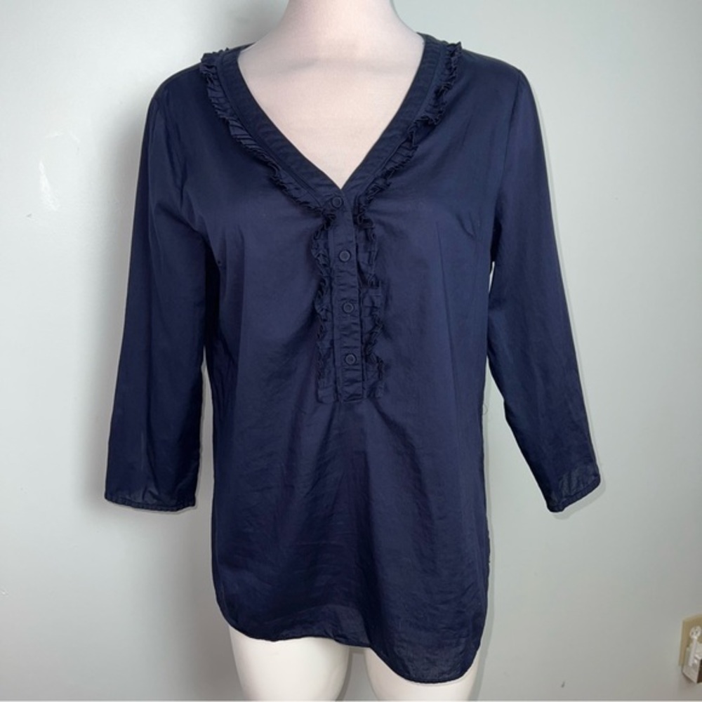Talbots Navy Blue Ruffle Trim Blouse Women’s Medium 3/4 Sleeve Button Front Top